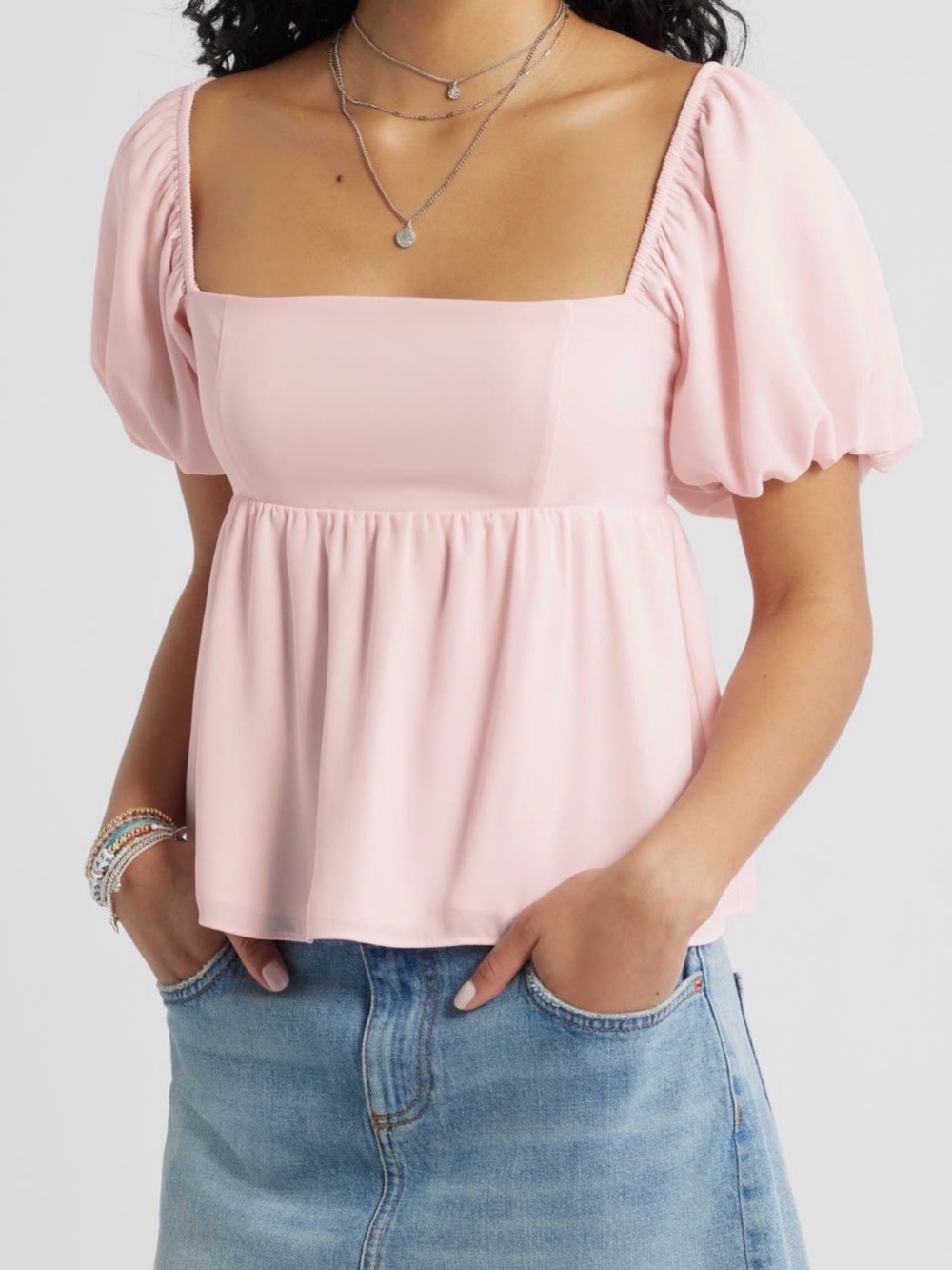 bp Square Neck Puff Sleeve Peplum Blouse